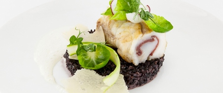 Roasted monkfish with bresaola and Venere rice risotto recipe