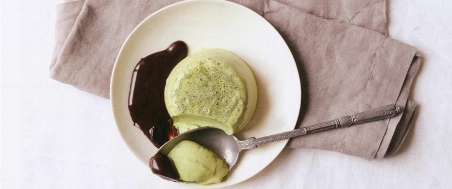 Matcha green tea panna cotta with dark chocolate