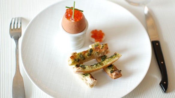 EASTER scrambled eggs with avocado cream and roe salmon eggs appetizer recipe