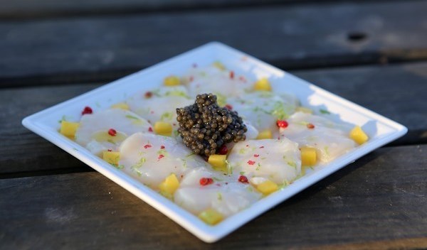 Caviar carpaccio with Scottish scallops and mango
