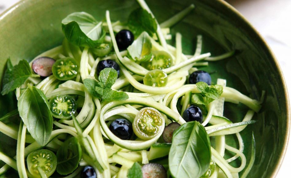 SUMMER cucumber tagliatelle, cherry tomatoes and blueberries green salad