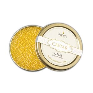 Golden almas caviar from albino sturgeon "Acipenser Sterlet" - the rarest caviar in the world