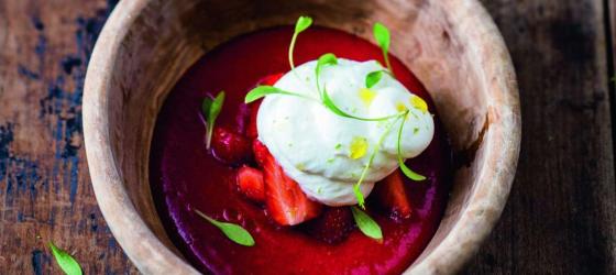 Strawberry soup with light whipped cream recipe by Akrame Benallal