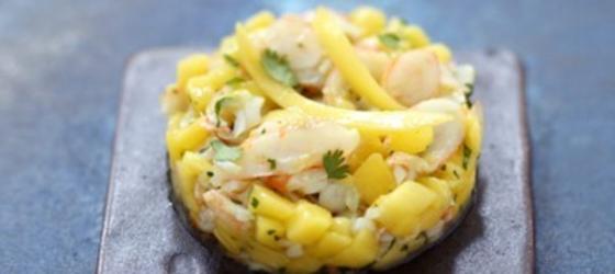 NEW YEAR Obsiblue shrimp tartare with mango and yuzu pearls
