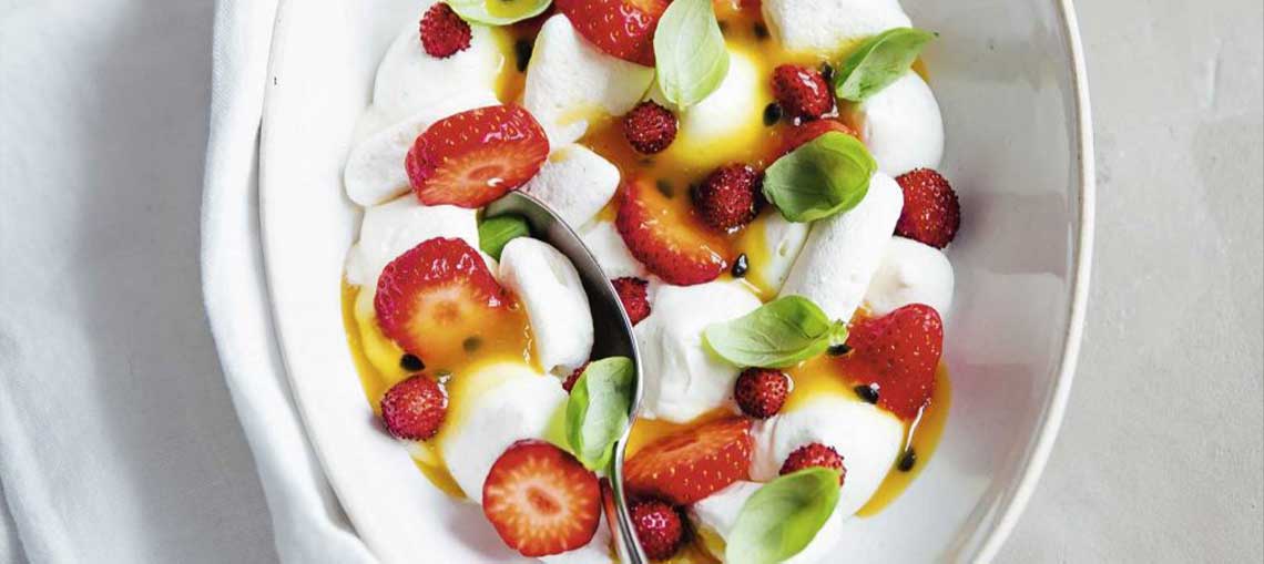 Pavlova with strawberry, passion fruit and vanilla ice cream recipe by Gregory Marchand 